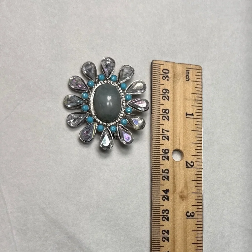 Floral Brooch Women OS Silver Teal‎ Excellent Iridescent Crystal Pin Unbranded